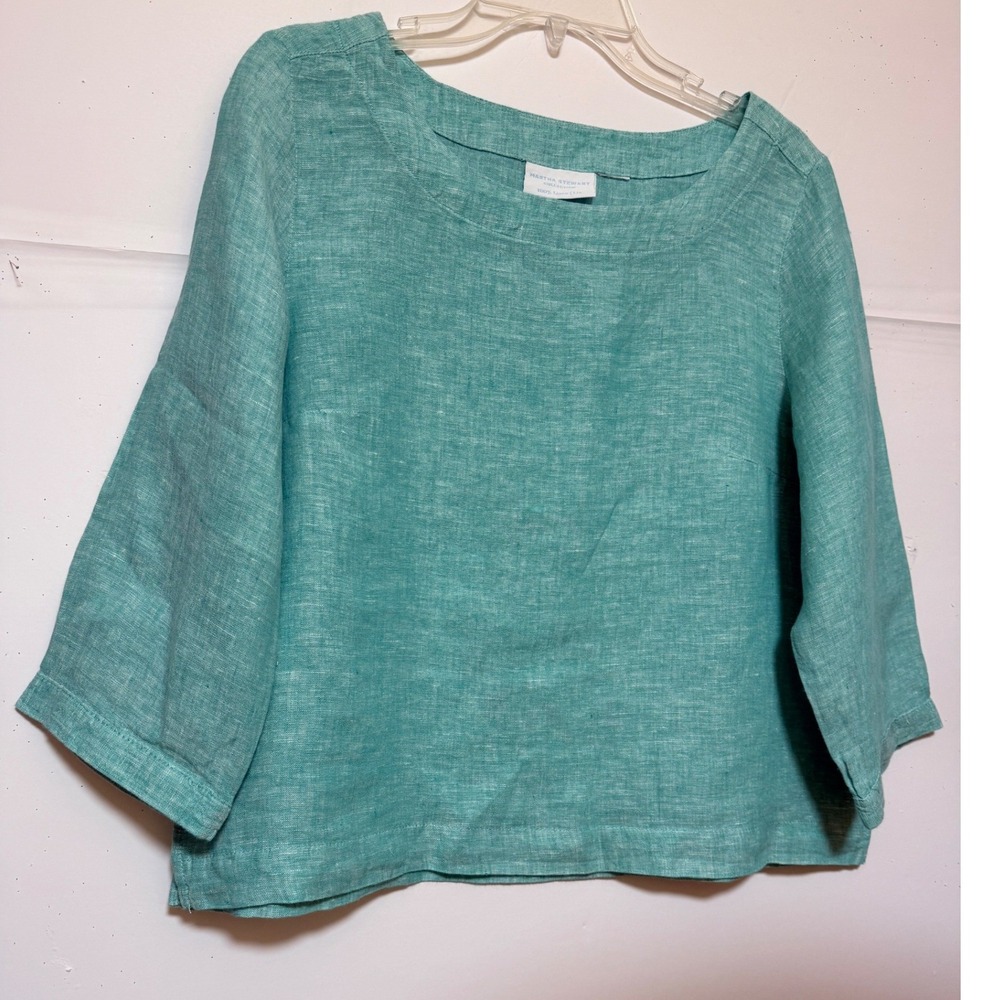 Martha Stewart 100% Linen Top Teal Women M Lagenlook Summer Vacation Resort - Picture 4 of 9